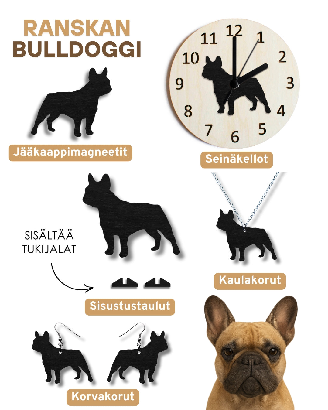 Ranskanbulldoggi aiheiset tuotteet. Suunniteltu ja valmistettu Suomessa kotimaisesta koivuvanerista. Korvakorut, kaulakoru, rintaneula, nappikorvakoru, jääkaappimagneetti, sisustustaulu ja seinäkello.