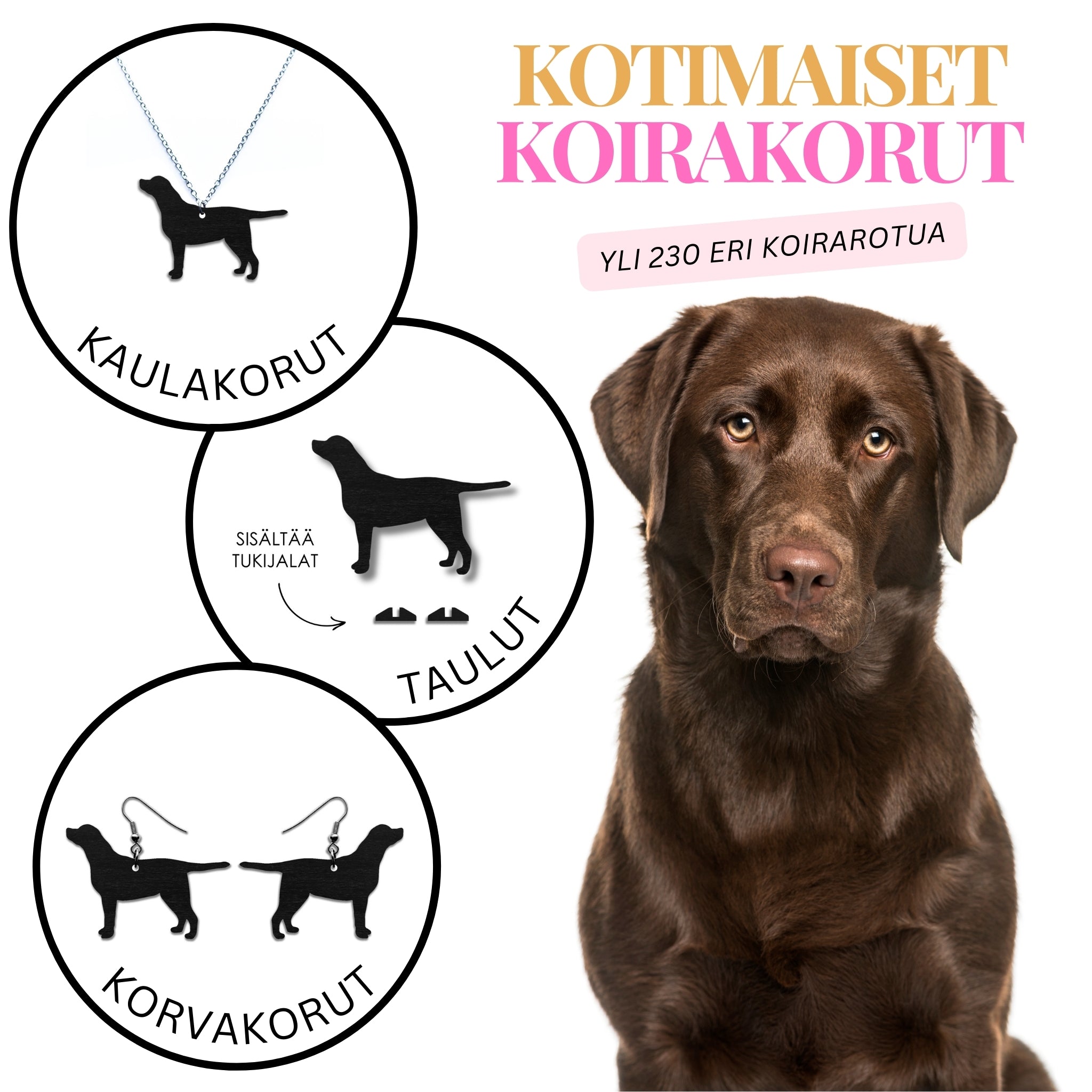 Kotimaiset koira-aiheiset labradorinnoutaja korvakorut, kaulakorut ja sisustustuotteet. Valmistettu Suomessa kotimaisesta koivuvanerista.